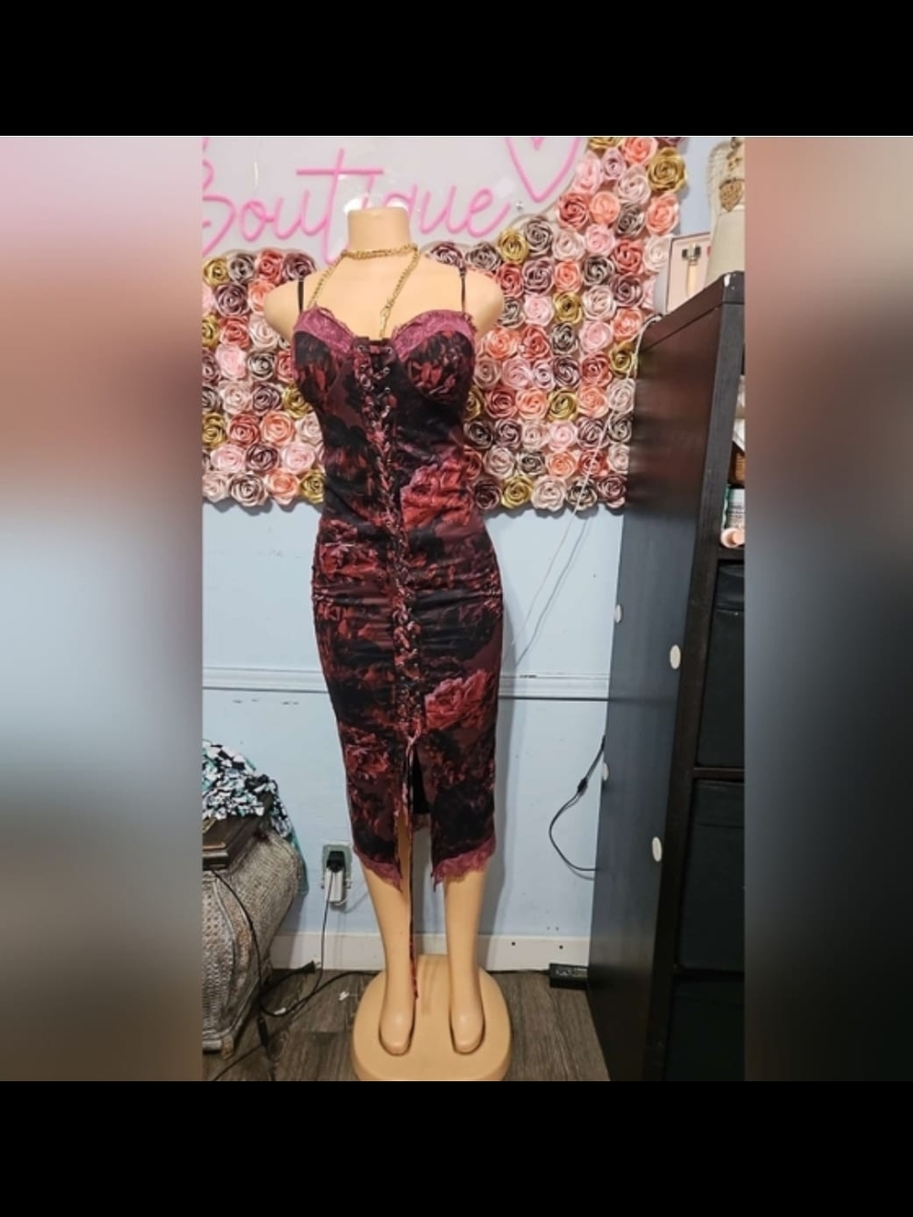Fashion Nova Burgundy & Black Lace-Trim Ruched Midi Dress